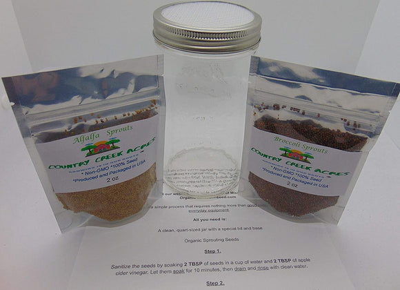 Jar Sprouting Kit with 2 Sprout Screens, Alfalfa Seeds, Broccoli Seeds, Information Sheet All About Sprouts, Directions - Country Creek LLC