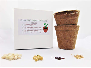 Joyous Jiffy "Veggie" Collection #2-(2)Round 3x3 Jiffy pots,(2)Soil Peat Pellets,(1)25+ Roma II Bush Bean Seeds,(1) 25+ Sugar Daddy Pea Seeds,(1)25+ Broccoli Raab Seeds,&(1)25+ Giant Belgium Tom Seeds - Country Creek LLC